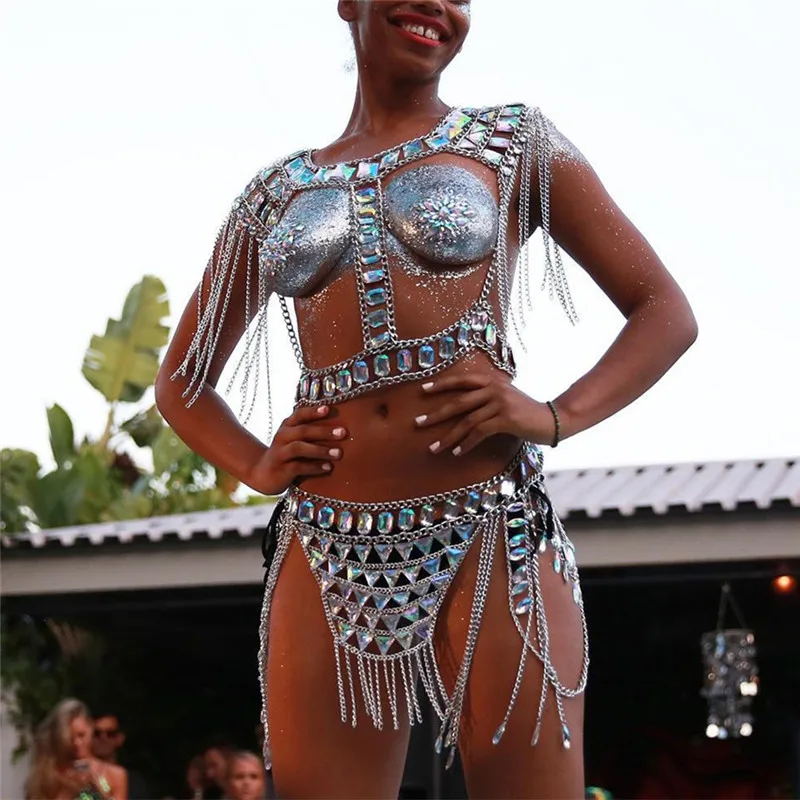 

Sexy Music Festival Beach Party Bra Harness Shoulder Belly Waist Body Chain Arylic Gold Silver Bikini Body Jewelry For Women