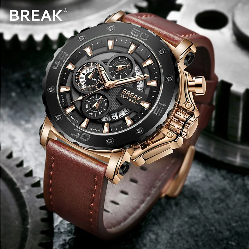 Prix PAUSE Chronographe Montre Sport Hommes Marque De Luxe Quartz Militaire Sport Montre Véritable En Cuir Hommes de Montre Bracelet Relogio Masculino