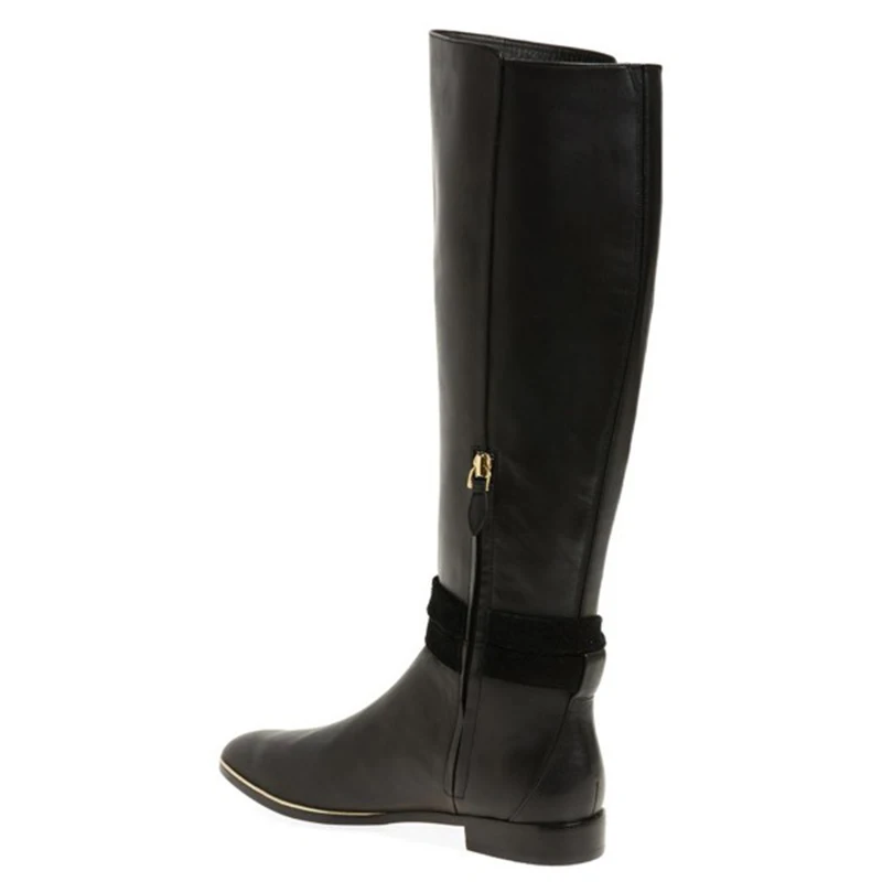 black leather flat knee high boots