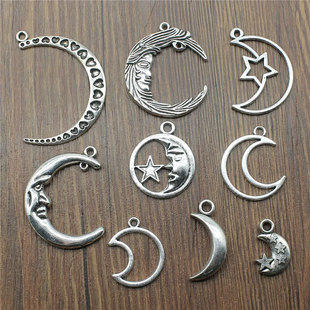 

6pcs Charm Moon Vintage Antique Silver Color Moon Charm Pendants For Bracelets Moon And Star Charm
