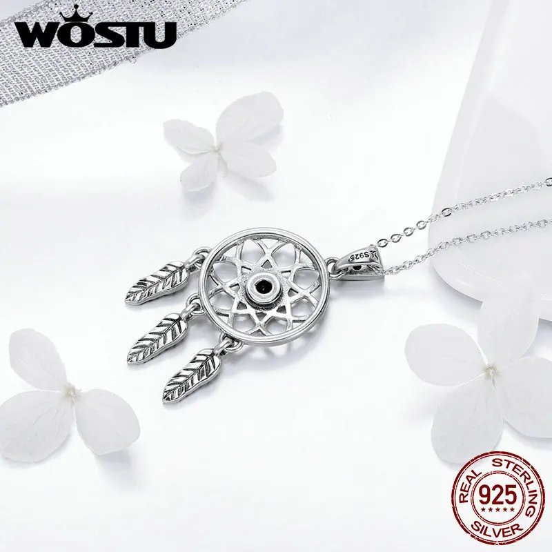 WOSTU 925 пробы серебра в богемном стиле «Ловец снов» кисточка, цепочка, подвеска Цепочки и ожерелья для Для женщин Роскошные Серебряные ювелирные изделия подарок CQN279
