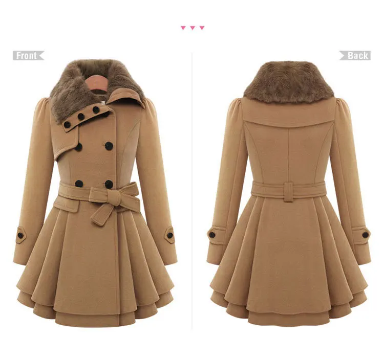 Новое модное плюшевое двубортное пальто в стиле ретро и длинное шерстяное пальто для женщин - Цвет: Хаки