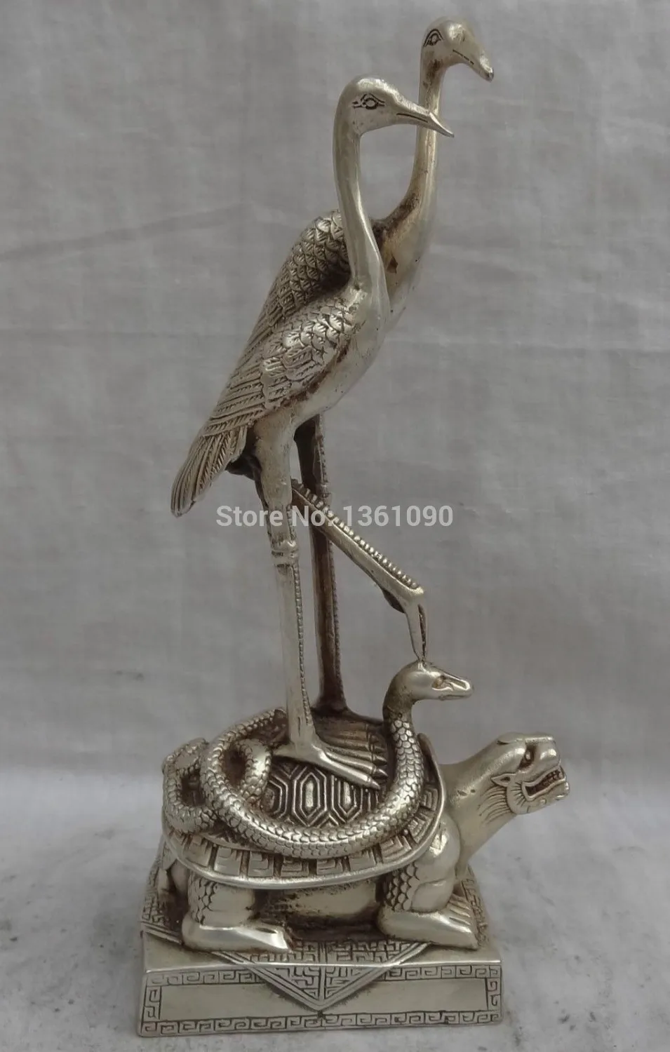 

xd 001300 8" China Silver Carved Dragon Turtle Snake 2 Bird Longevity Crane Bronze Statue