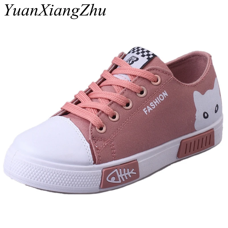 

Women Canvas Shoes Girls 2019 Spring Summer Breathable Low-top Casual Shoes Cute Cartoon Lace Up Student Flats Women Shoes
