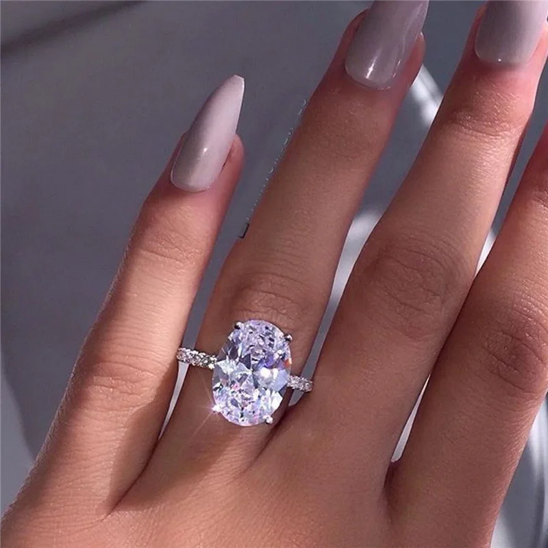 

KNOCK Fashion Luxury White Silver Zircon Ring Lady Elegant Big AAA Zircon Oval Rhinestone Wedding Bridal Ring Jewelry 2019