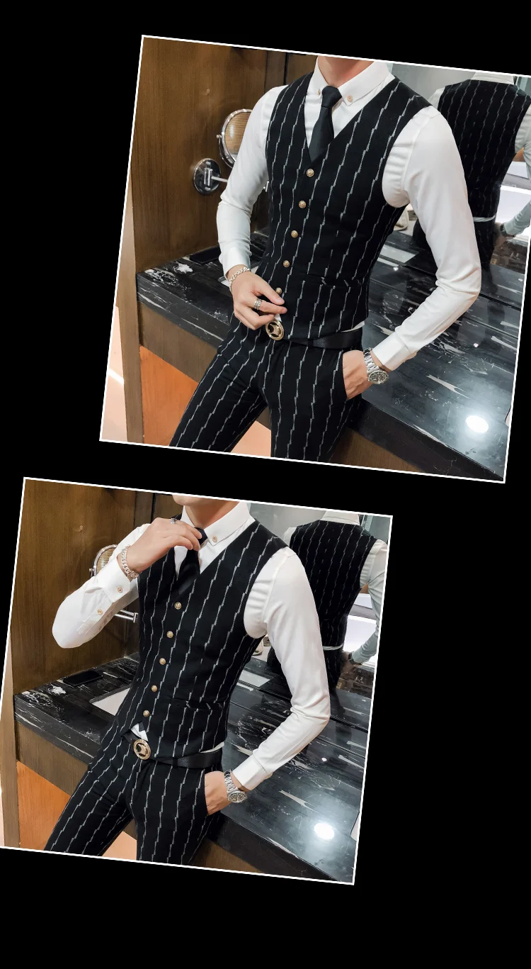 Высококачественный полосатый костюм для мужчин Комплект из 3 предметов, Черный Модный деловой, Банкетный Свадебные Мужские костюмы куртки и жилеты и Штаны Slim fit