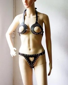 Sexy Studded Faux Leather Cupless Bra Top with Hollow Out Heart Shape Thong Bikini Fetish Wear Mistress Fantasy Costume