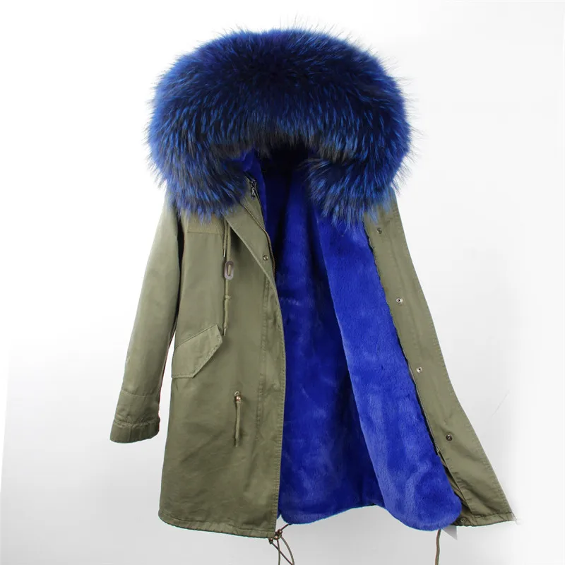OFTBUY, Прямая поставка,, армейское зеленое пальто для холодной зимы, женское длинное пальто с натуральным мехом, большой воротник из меха енота, с капюшоном, толстые теплые парки - Цвет: dark blue