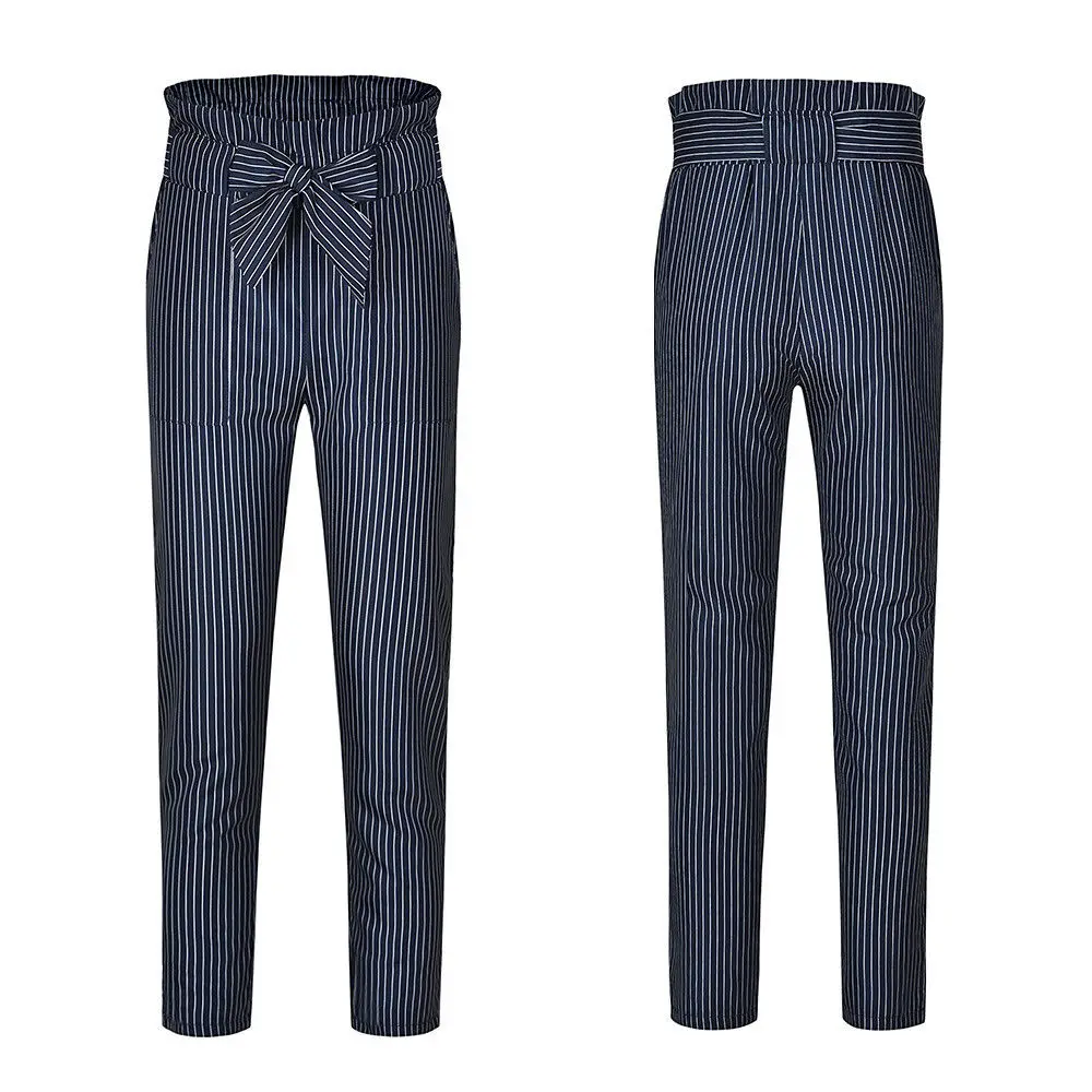 Женские сексуальные модные полосатые обтягивающие повседневные длинные брюки-карандаши с высокой талией, одноцветные облегающие брюки с плоским шнурком - Цвет: Синий