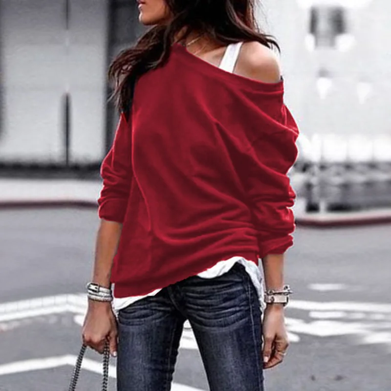 New Fashion Women Blouse Casual one shoulder skew collar Long Sleeve Solid Cotton Shirt Top Tunic Blusas Mujer XL