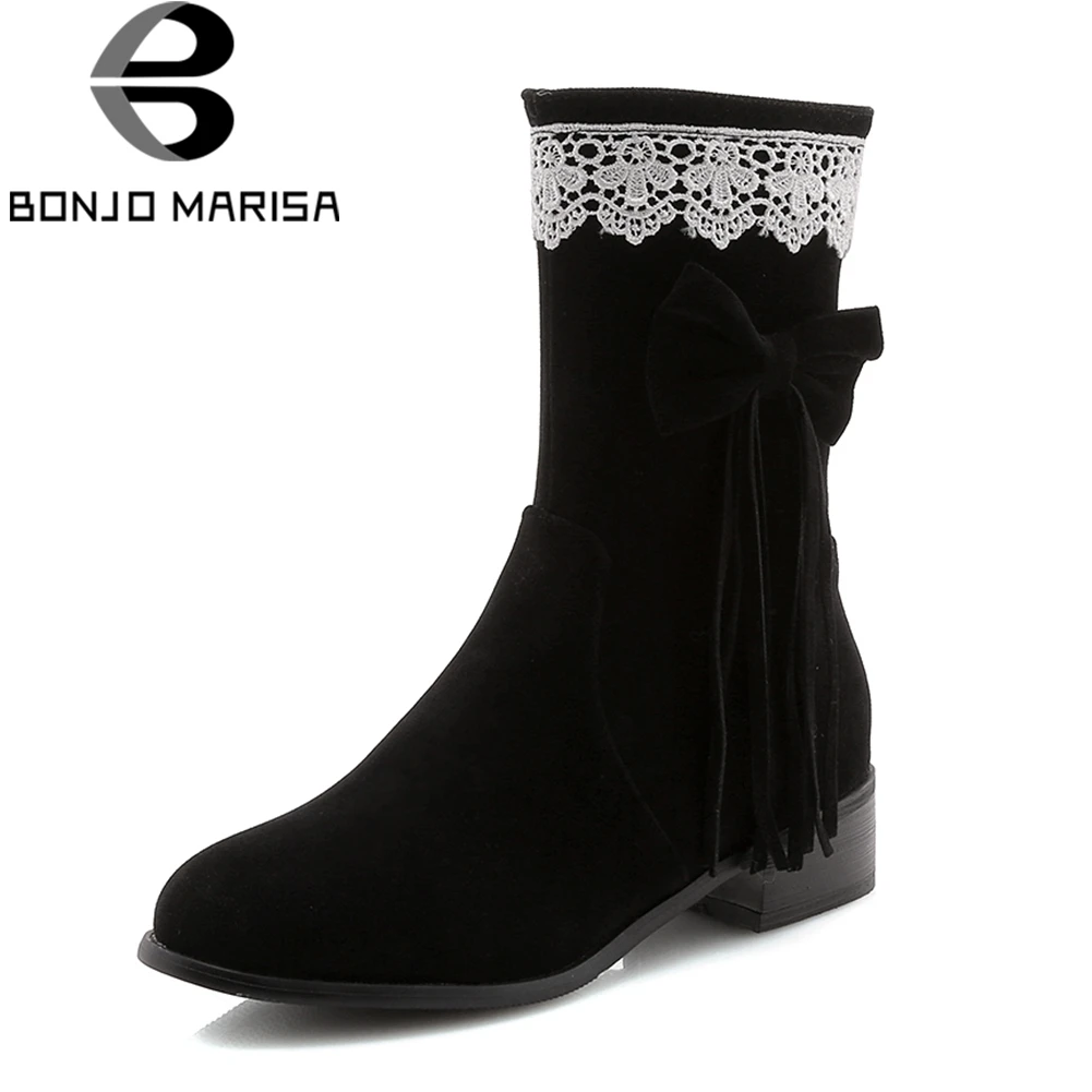 

BONJOMARISA Plus Size 31-47 Elegant Flock mid-calf Chelsea Boots Women Autumn 2018 Fur Butterfly Knot Med Heels Shoes Woman