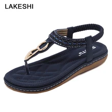 LAKESHI/Новинка года; женские сандалии; богемные плоские сандалии; женские шнурок для обуви; женские Вьетнамки с бусинами; Высококачественная пляжная обувь