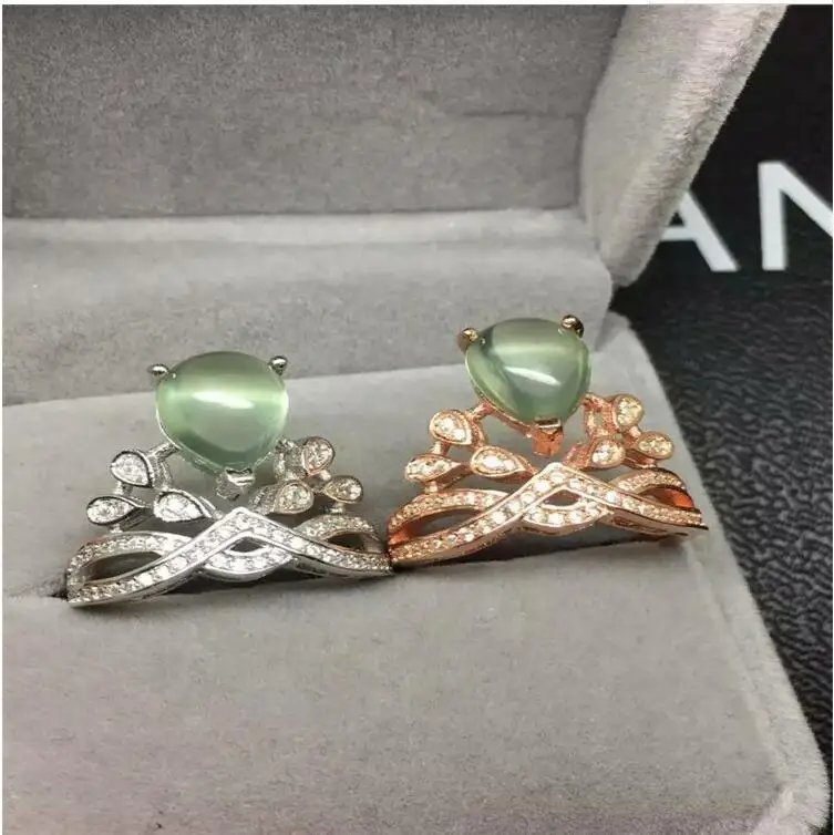 

Natual Prehnite Ring Free shipping Natural real Prehnite Woman Ring 925 sterling silver Gem Size 8*12mm
