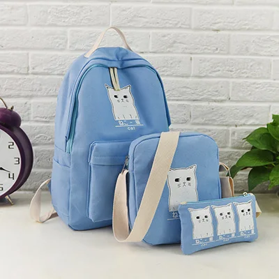 3 шт./компл. холст Для женщин, женские школьные сумки, школьные рюкзаки с рисунком милого кота школьная сумка рюкзак для девочек-подростков зеленая Moclila - Цвет: sky blue