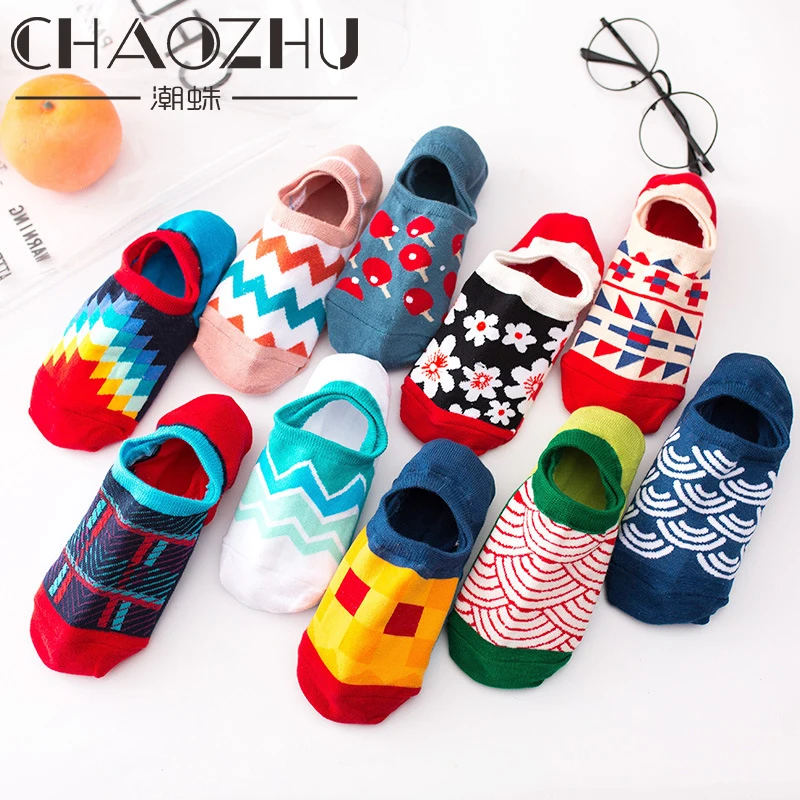 

CHAOZHU New 2019 Spring Summer Cotton Non-slip Happy Low Cut Ankle Socks invisible Slipper Chaussettes 10 Patterns Women Socks