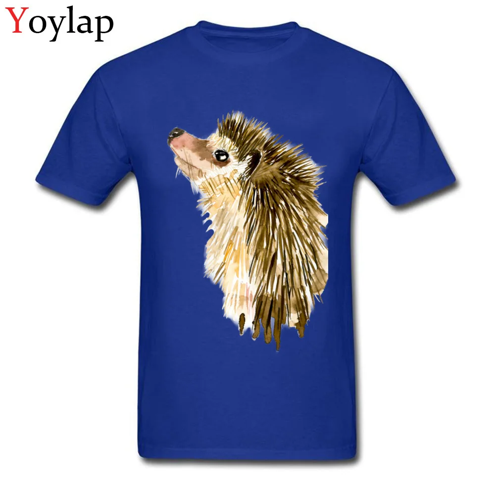 Adult T Shirt Crazy Normal Short Sleeve Summer Fall Tops T Shirt Plain Round Collar 100% Cotton Tee-Shirt Watercolor Little Hedgehog blue