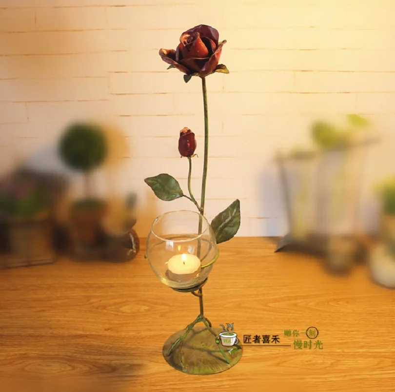 

O.RoseLif Brand New Creative Glass Candle Holder With Iron Rose Aquarium Wedding Decoration Bar Home Decor