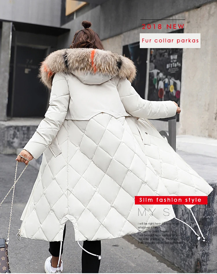 Новая мода, зимняя женская куртка, цветной большой меховой капюшон, толстая пуховая парка, Длинная женская куртка, пальто, тонкая теплая зимняя верхняя одежда