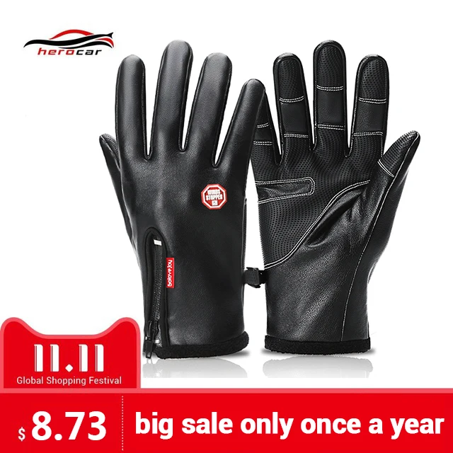 

Motorcycle Gloves Guantes Moto PU Leather Touch Screen Heated Gloves Winter Waterproof Warm Riding Fleece Lined Luva Motocicleta