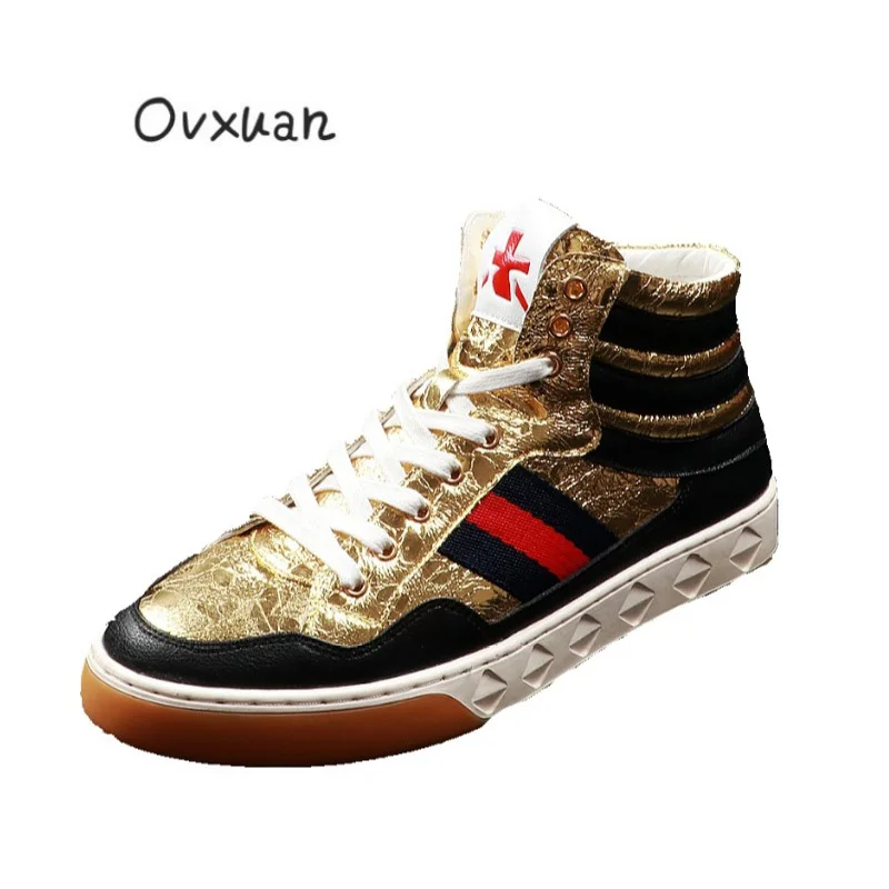 

2019 Men's Striped Stitching Gold Hip Hop High Top Casual Loafers Flats Male Shoes for men Social Homecoming Platform Sneakers
