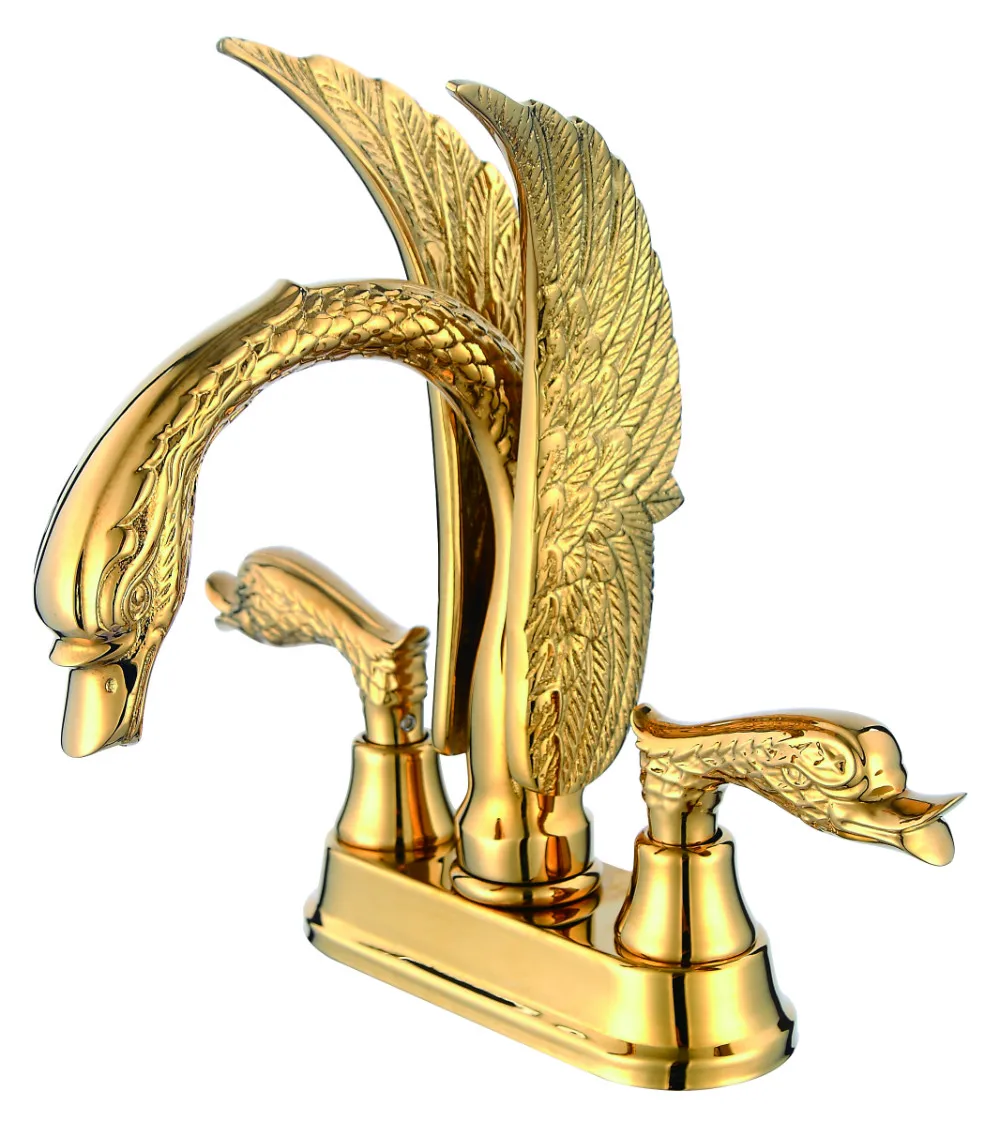 Free shipping Gold finish PVD bathroom basin sink swan mixer faucet 4