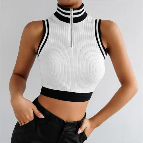 Turtleneck White Tank Tops Tees Patchwork Stripes
