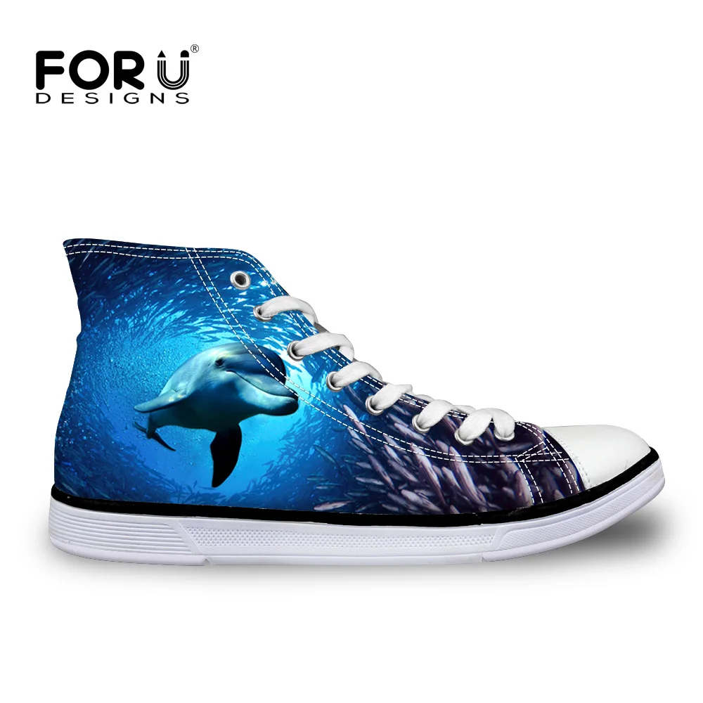 FORUDESIGNS/ г. Стильная мужская парусиновая обувь с высоким берцем Осенняя обувь на плоской подошве Вулканизированная обувь на шнуровке с 3D-принтом «Морской мир»