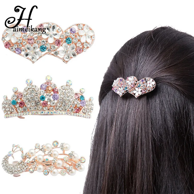 

Haimeikang Fashion Women Rhinestone Hair Clip for Women Heart Bow Peacock Pearl Barrettes Hairpin Crown Hair Accessories