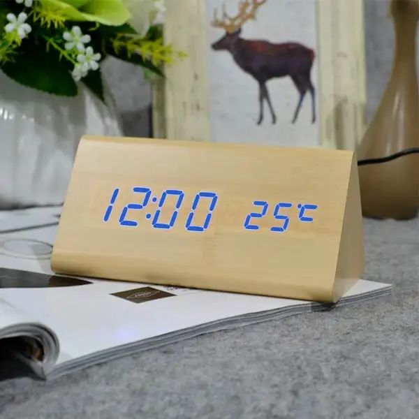 Suncree Деревянный цифровой светодиодный Будильник, Звуковое управление настольные часы с температурой, электронный дисплей домашний декор - Цвет: bamboo blue