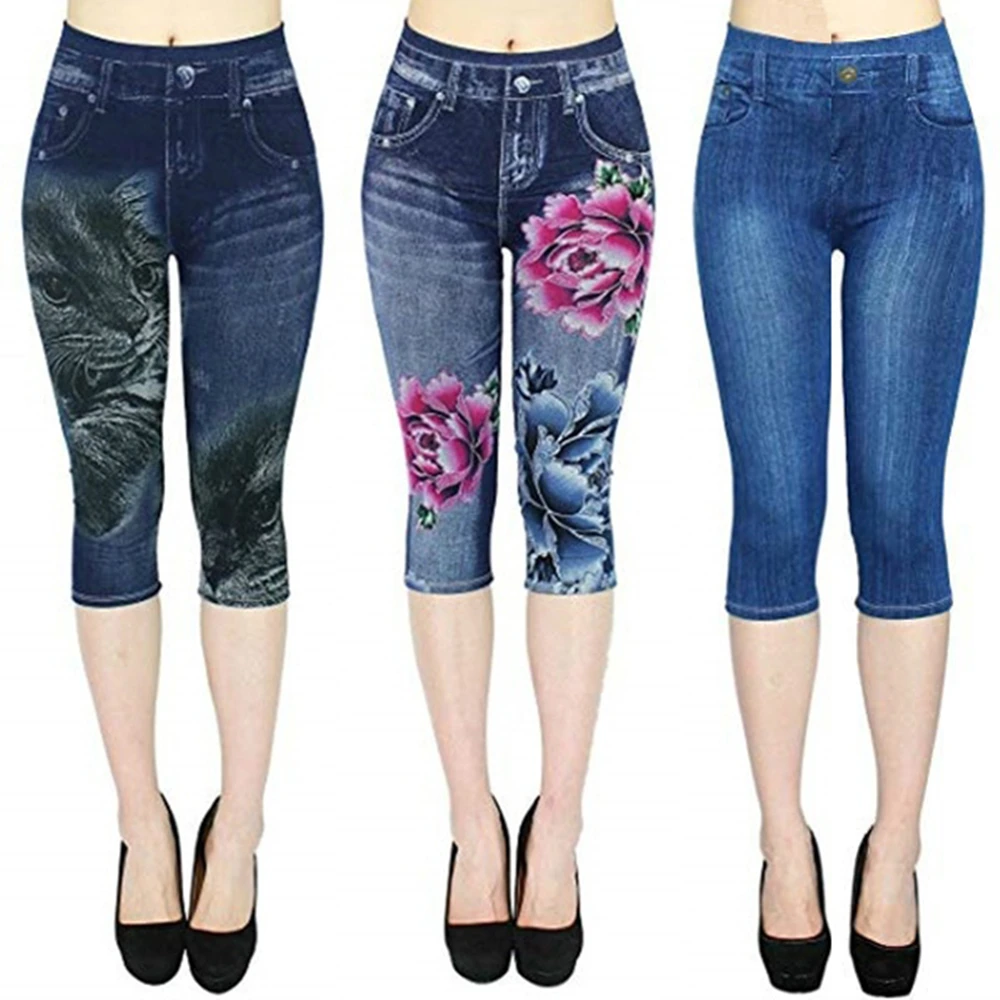 Женские легинсы большого размера имитация укороченные брюки фальшивый карман брюки облегающие Джеггинсы джинсовые обтягивающие