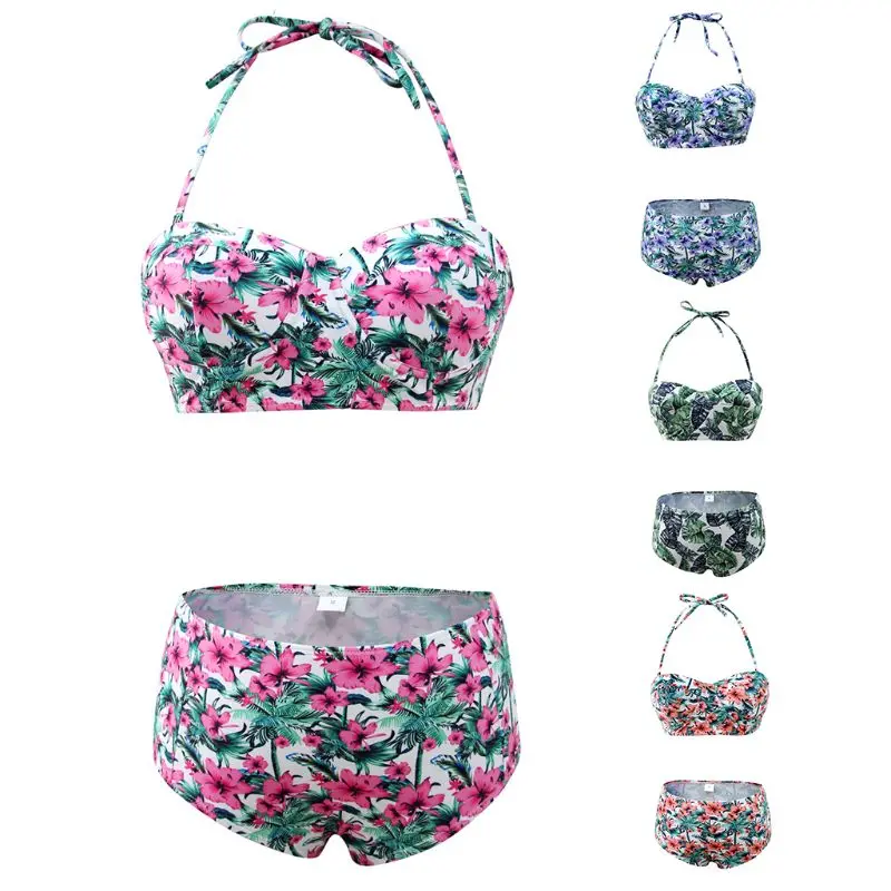 

Women Sexy Two Piece Bikini Set Halter Push Up Underwire Crop Top Boho Colored Floral Tropical Leaf Printed Swimsuit Tummy Contr