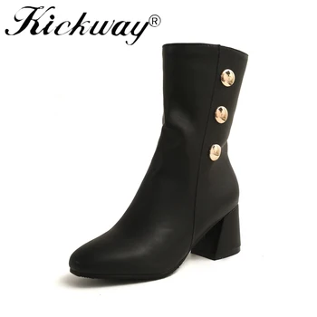 

Kickway Big Size 33-46 Women Thick Fur Boots Half Short Med Heel Boots Zipper Winter Boots Women Mid Calf Botas Women Footwears