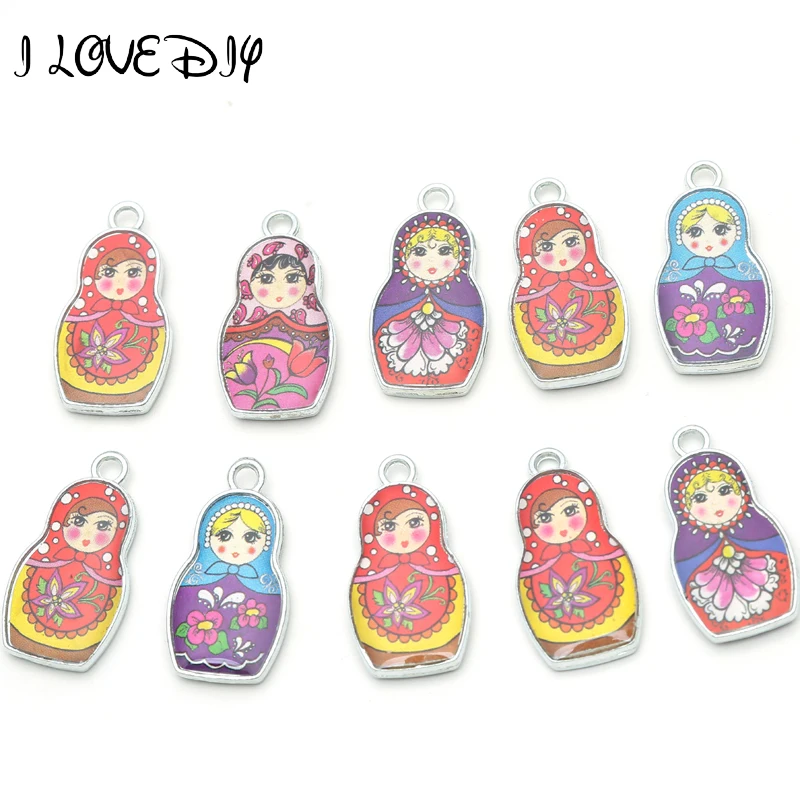 

25x10mm Wholesale Price 4 Mixed Color Both 2 sides Enamel Pendants Matryoshk Russian Doll Charm For Jewelry Making