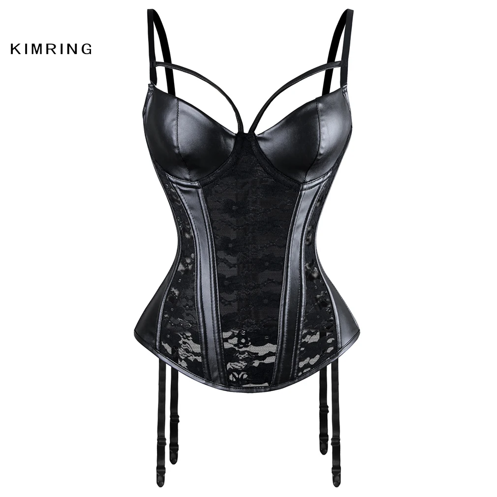 

Kimring Sexy Women's Punk Bustier Bra Corset Faux Leather Gothic Corset Plus Size Lace Padded Bra Waist Cincher Bra Corselet