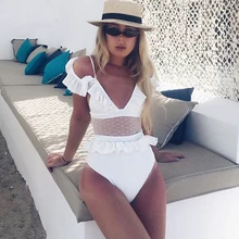 Кружевной Цельный купальник с оборками для женщин, купальник с высокой талией, черный, белый, монокини, 1 шт., одежда для плавания, v-образный вырез, женский купальник