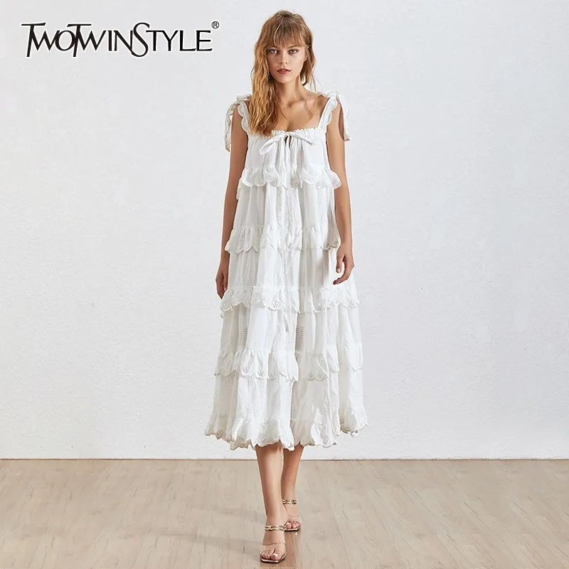 

TWOTWINSTYLE Summer Strapless Off Shoulder Women's Dress Backless Ruffles Bow A Line Dresses Female Fashion 2019 Fashion New