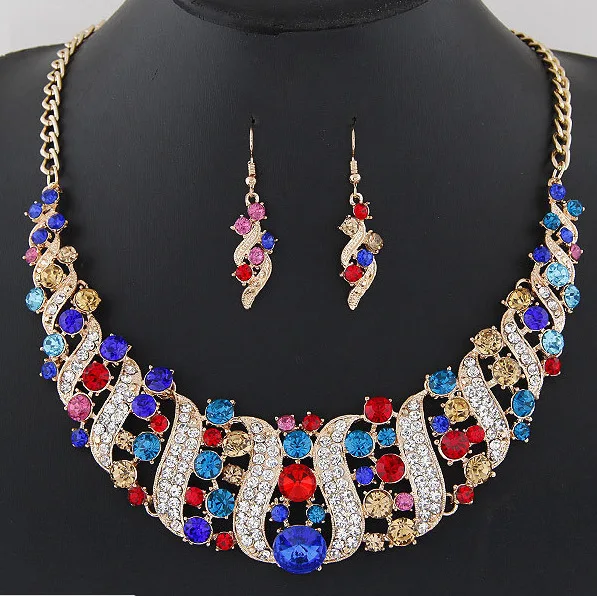 

European and American exaggerated fashion gem metal spiral necklace earrings set jewelry wholesale necklace women