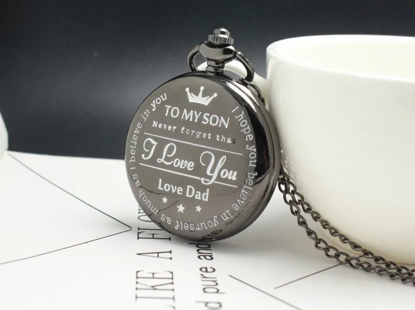 

Vintage To My Son Quartz Pocket Watches With I LOVE YOU Black Neckalce Pendant Fob Clock With Chain For Children Son Gifts DAD