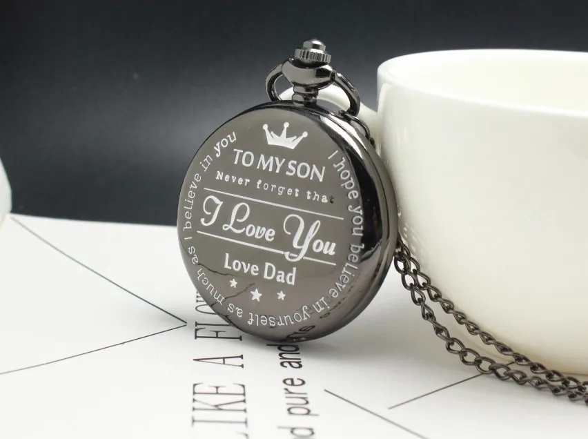 Винтаж для моего сына кварцевые карманные часы с I LOVE YOU черный ожерелье с кулоном Fob часы с цепочкой для детей сын подарки папа