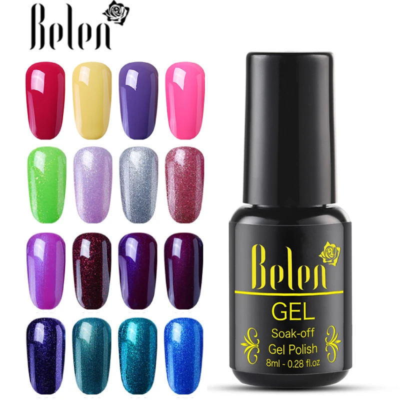 

Belen 8ML Glitter Pure Color UV Gel Polish LED Lamp Lacquer 30 Colors Semi Permanent Lucky Winter Varnish Nail Primer Base Top