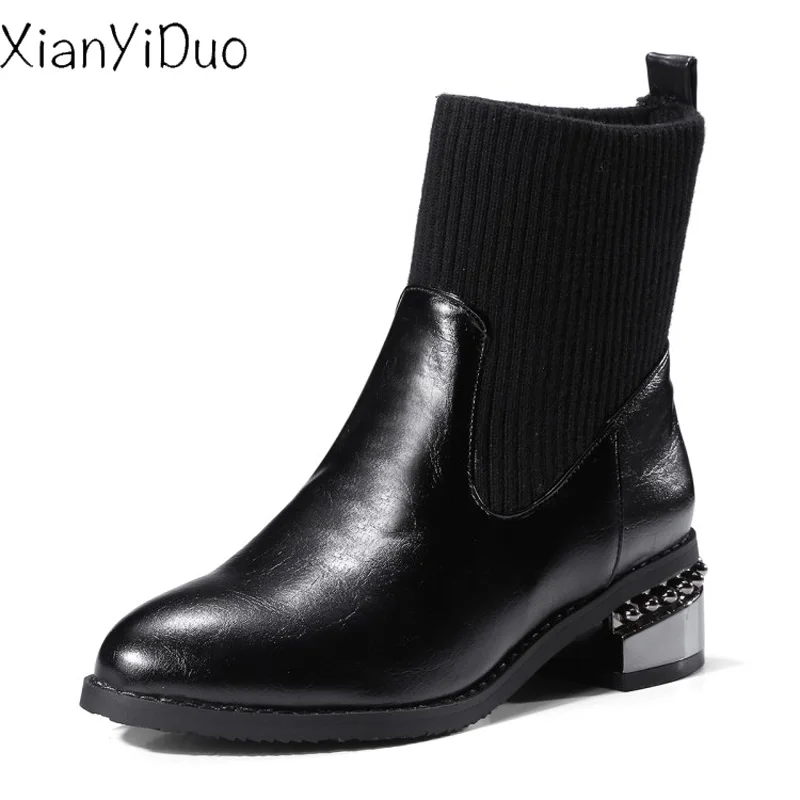 

Xianyiduo Spring/Autumn Women's Shoes ankle Boots knitting black Round Toe med Heels big size 34-48Riding, Equestrian/6-10