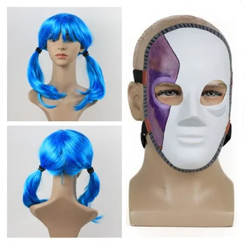 

Horror Game Sally Face Cosplay Latex Mask With Sallyface Blue Wig Double Ponytails Wigs Halloween Cosplay Costume Party Props