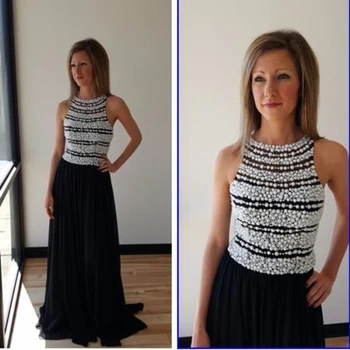

Black Chiffon Prom Gown Beaded Hollow Out Style Elegant Dresses for Wedding Party