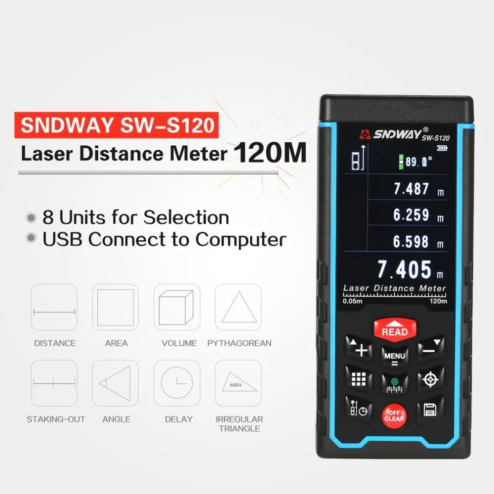 

SNDWAY SW-S120 120 80M Handheld Laser Distance Meter Range Finder Trena Laser Tape Measure Distance Tool Rangefinder Lcd Camera