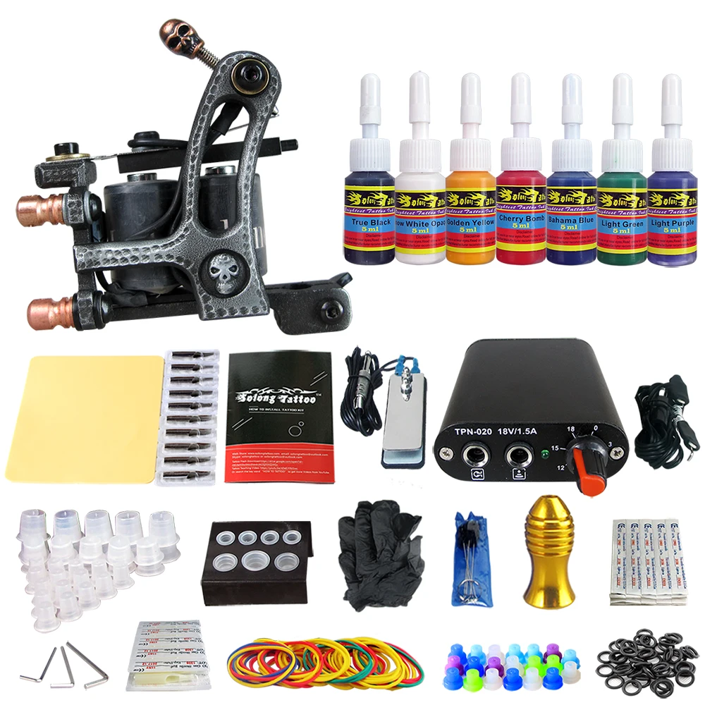 

Solong Tattoo Complete Beginner Tattoo Kit 1 machine Gun 7 Color Inks Power Supply Grips Foot Petal Needles Set TK105-54