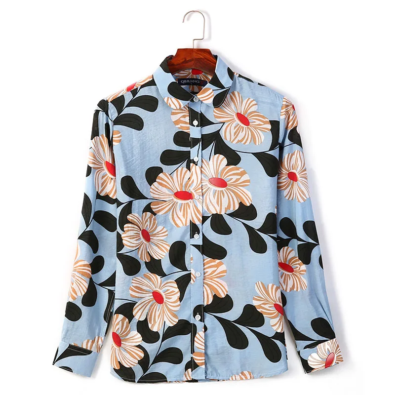 QIHUANG брендовая рубашка с длинным рукавом Женская блузка винтажная рубашка с отложным воротником цветочный принт Фламинго размера плюс повседневная женская рубашка - Цвет: NZC-030