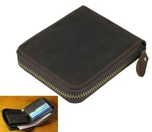 Vintage crazy horse Leather Men Wallet Genuine Leather wallet zipper male wallet Men purse Money Clips Coin Bag Clutch Brown