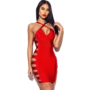 

High Quality Red Side Hollow Out Off The Shoulder Rayon Bandage Dress