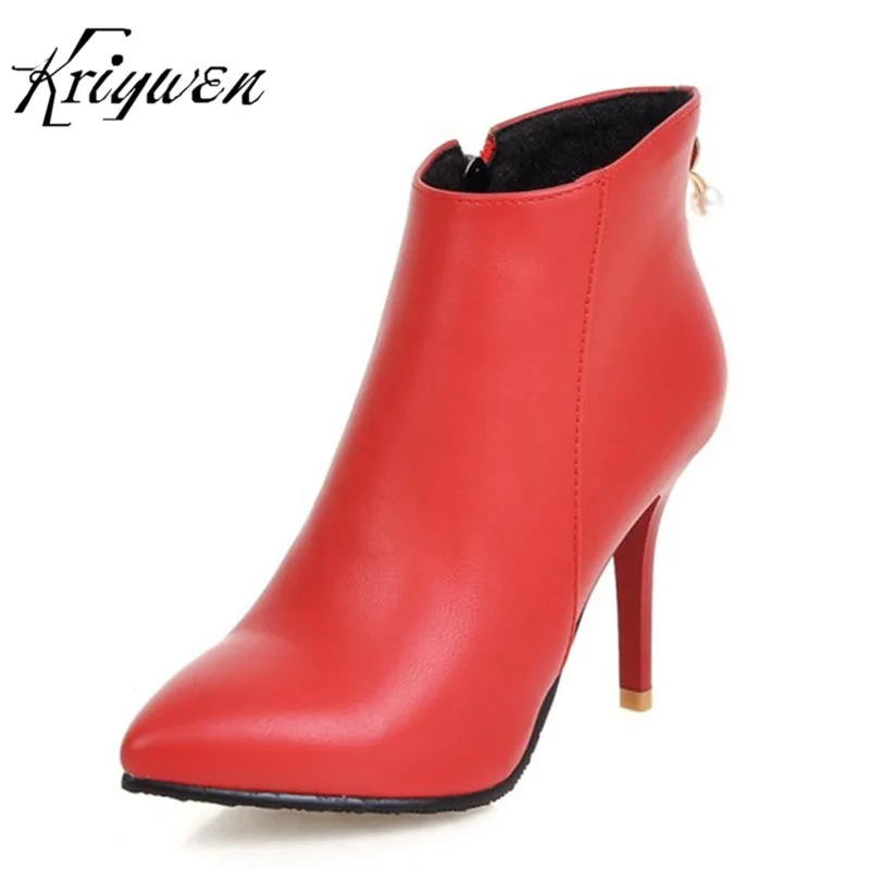 

2018 Winter New Arrivals Women Ankle Boots Thin High Heels Zipper Woman Martin Shoes Casual Ladies Black Red Dress Crystal Boots