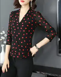 2019 весна корейский v-образный вырез в горошек Повседневная футболка женская с длинным рукавом тонкая рубашка Женская мода длинный рукав